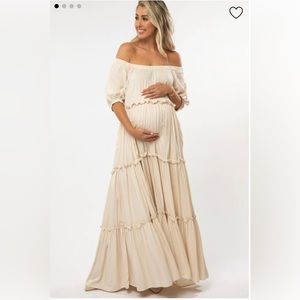 Cream Off Shoulder Ruffle Tiered Maternity Maxi Dress
